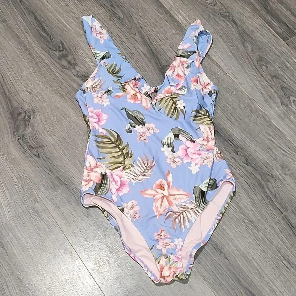 EUC Kona Sol Blue Floral Ruffle One Piece Swimsuit